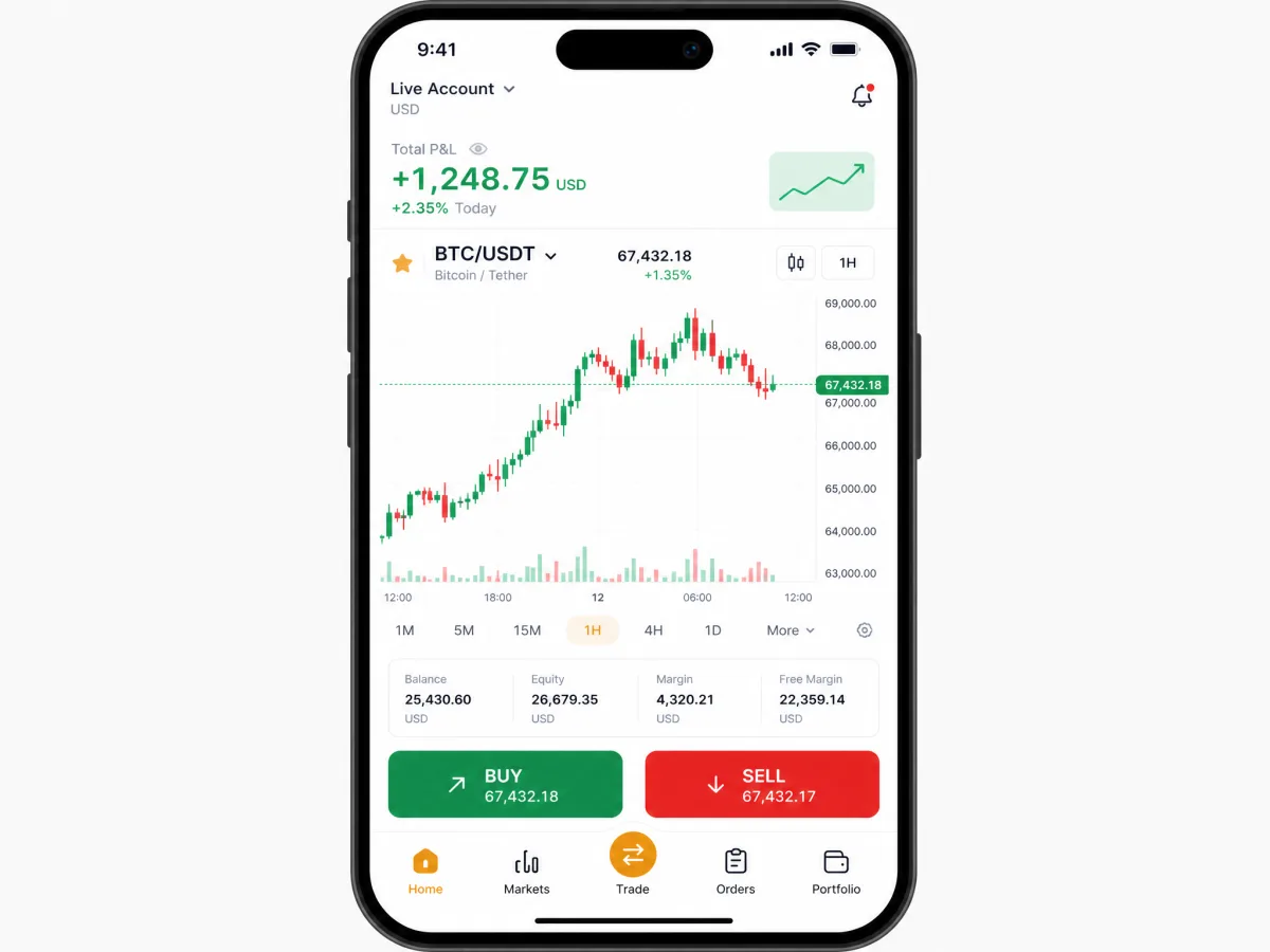 Mercivanta — schermate dell'app di trading mobile